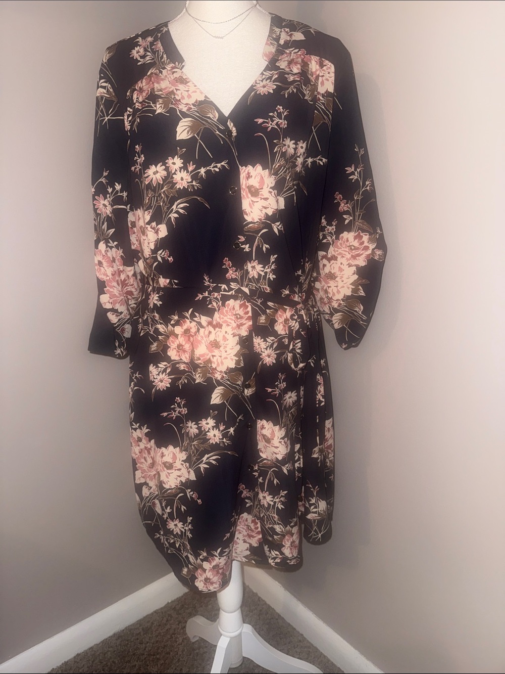 41 Hawthorn Black Long-Sleeve Floral Wrap Dress with Pink Blooms